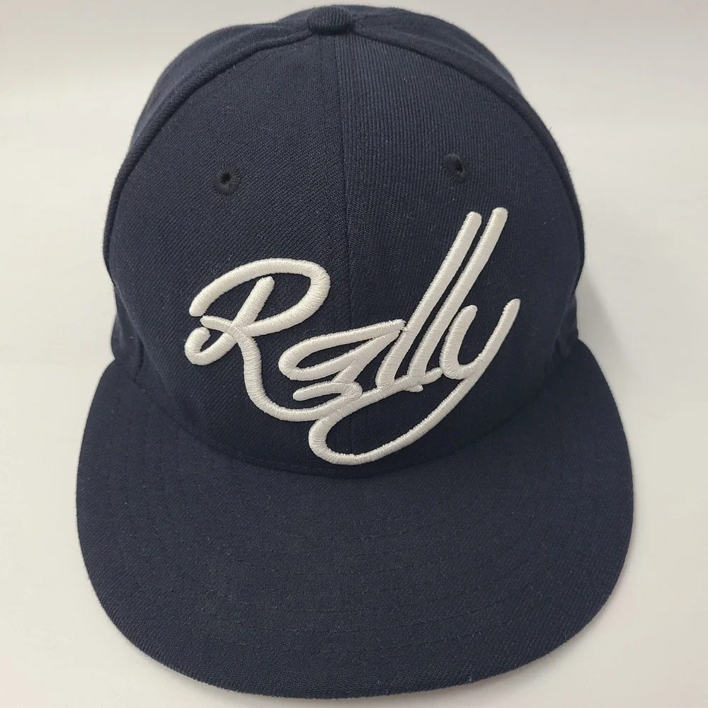 Baseballism Hat Fitted 7 1/4 59Fifty New Era Blue White Rally Cap Script Logo